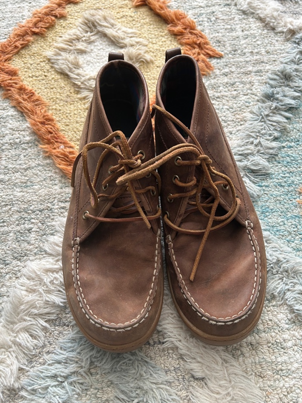 LL Bean Men's Brown Leather Ranger Moc Toe Chukka Boots - Flannel Lined. Casual